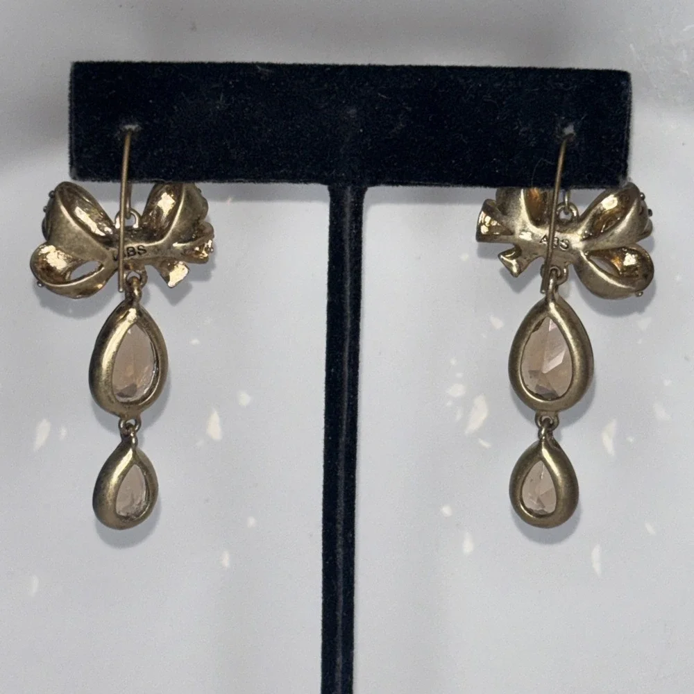 ABS Allen Schwartz Bow Dangle Earrings Champagne Glass Rhinestone Gold Tone